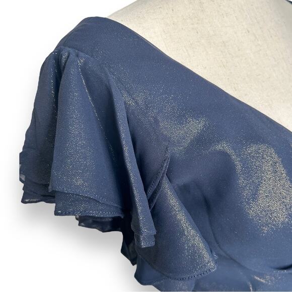 NEW Nordstrom Blue Gold Shimmer Gown Size 2 Flutter Sleeve Ruffle Metallic Dress - Picture 7 of 12